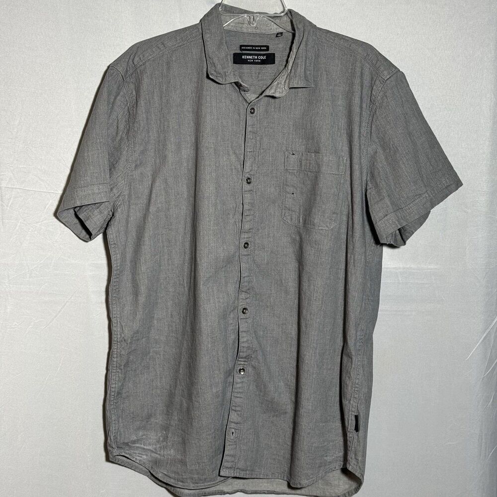 Kenneth Cole New York Men's XL Gray Chambray Button Front Shirt Short Sleeve